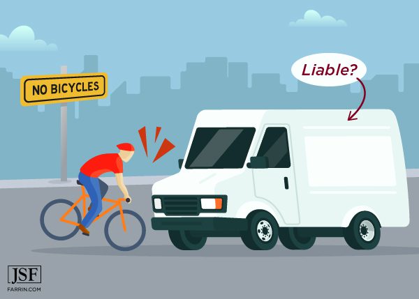 A biker crashing into a possibly liable van near a NO BICYCLES sign.