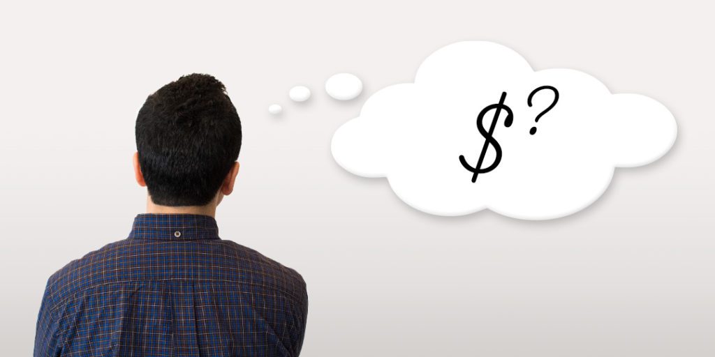The back of a man's head and shoulders, with a thought bubble containing a dollar sign and question mark.