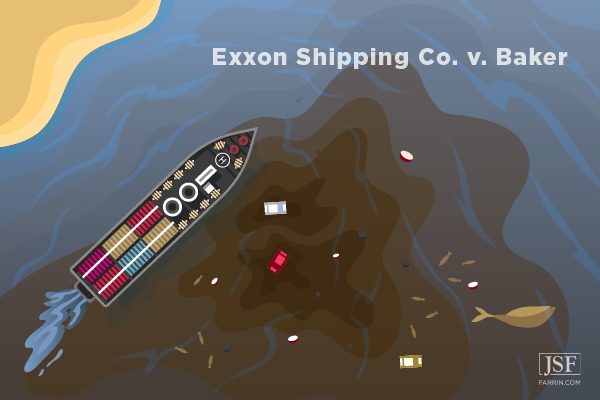 An oil tanker floats amidst its oil spill, representing Exxon Shipping Co. v. Baker.