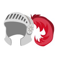 A silver medieval knight's helmet with a red plume.